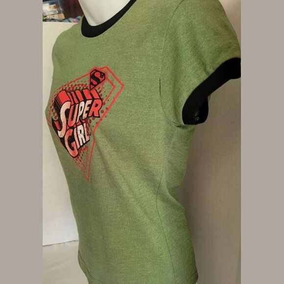 Super Girl Distressed Graphic Ringer Tee Juniors/Women's M - Olive Green New - Picture 3 of 11